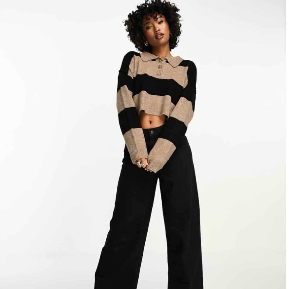 ASOS Crop Rugby Sweater in Stripe Black and Camel